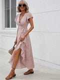 Small Floral V-neck Cardigan Belt Wrap Short Sleeve Bohemian Vacation Dress Women