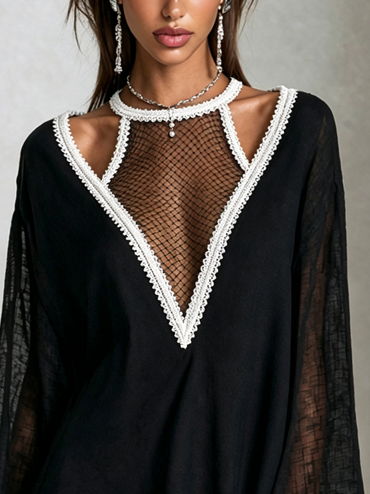 Black Mini Dress With Ivory Crochet Trim