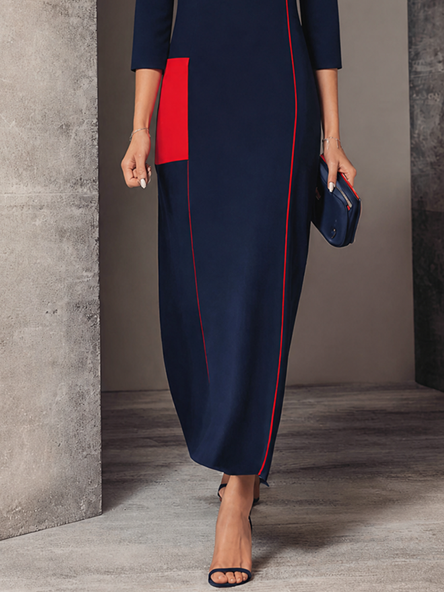 Women's Classic Navy Cotton Blend Contrast Stitch Patch Pocket 3/4 Sleeve Maxi Dress MDZ1494G0GMJ