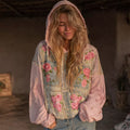 Women's Pink Rose Embroidered Denim Patchwork Hooded Sweatshirt