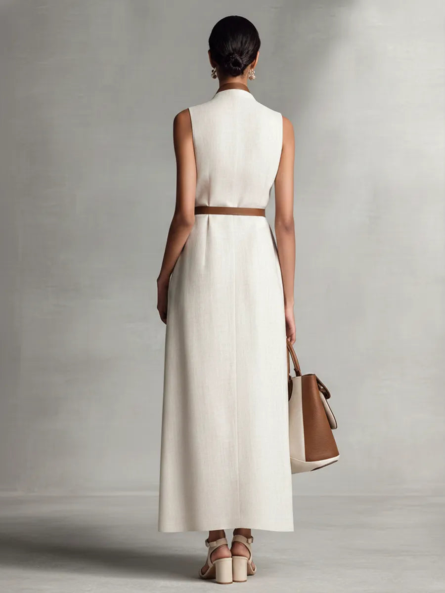 Women's Sleeveless V-Neck Tie-Waist Cotton Linen Maxi Dress MDZ1153B7BA
