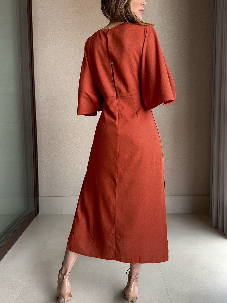 Casual V-neck cotton and linen lace-up dress