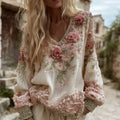 Women's Vintage Roses Embroidery Art V-neck Linen Blend T-shirt