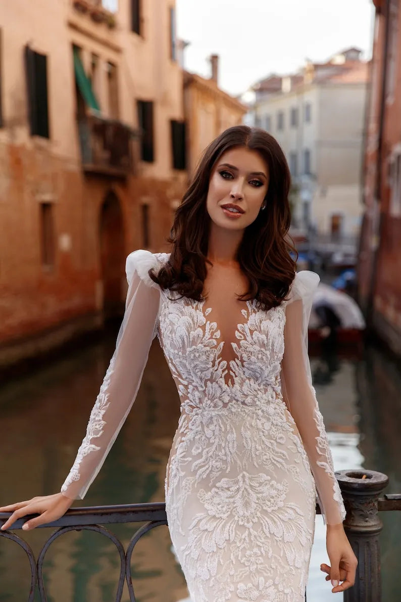 Luxurious Mermaid Fitted silhouette Transparent Long Sleeve Lace Appliques Pearl sequin Embroidered Train wedding dress