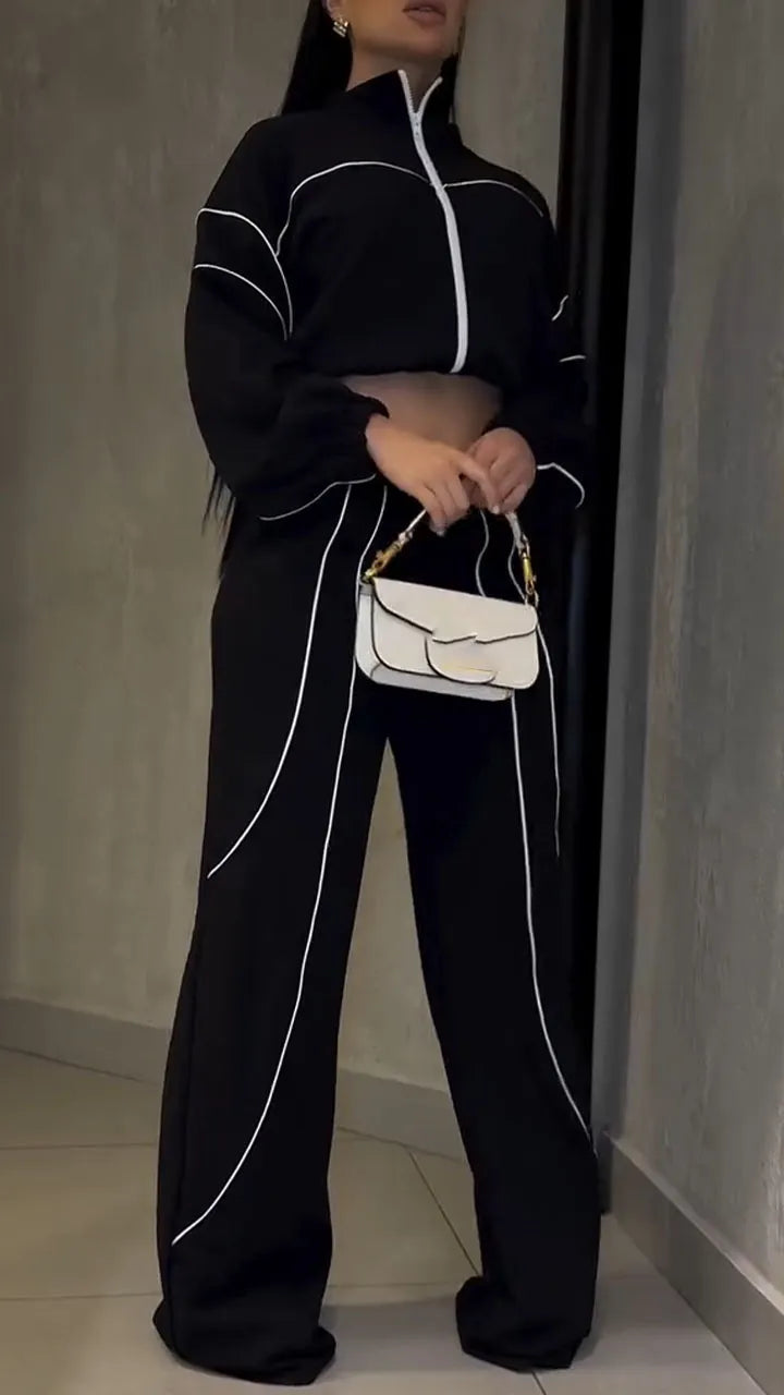 Women Stand Collar Vertical Stripe Jacket+ Pants Casual Suit