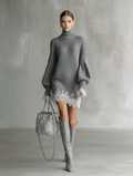 Women's Grey Knitted White Lace Turtleneck Comfortable Mini Dress MDA1157J5T