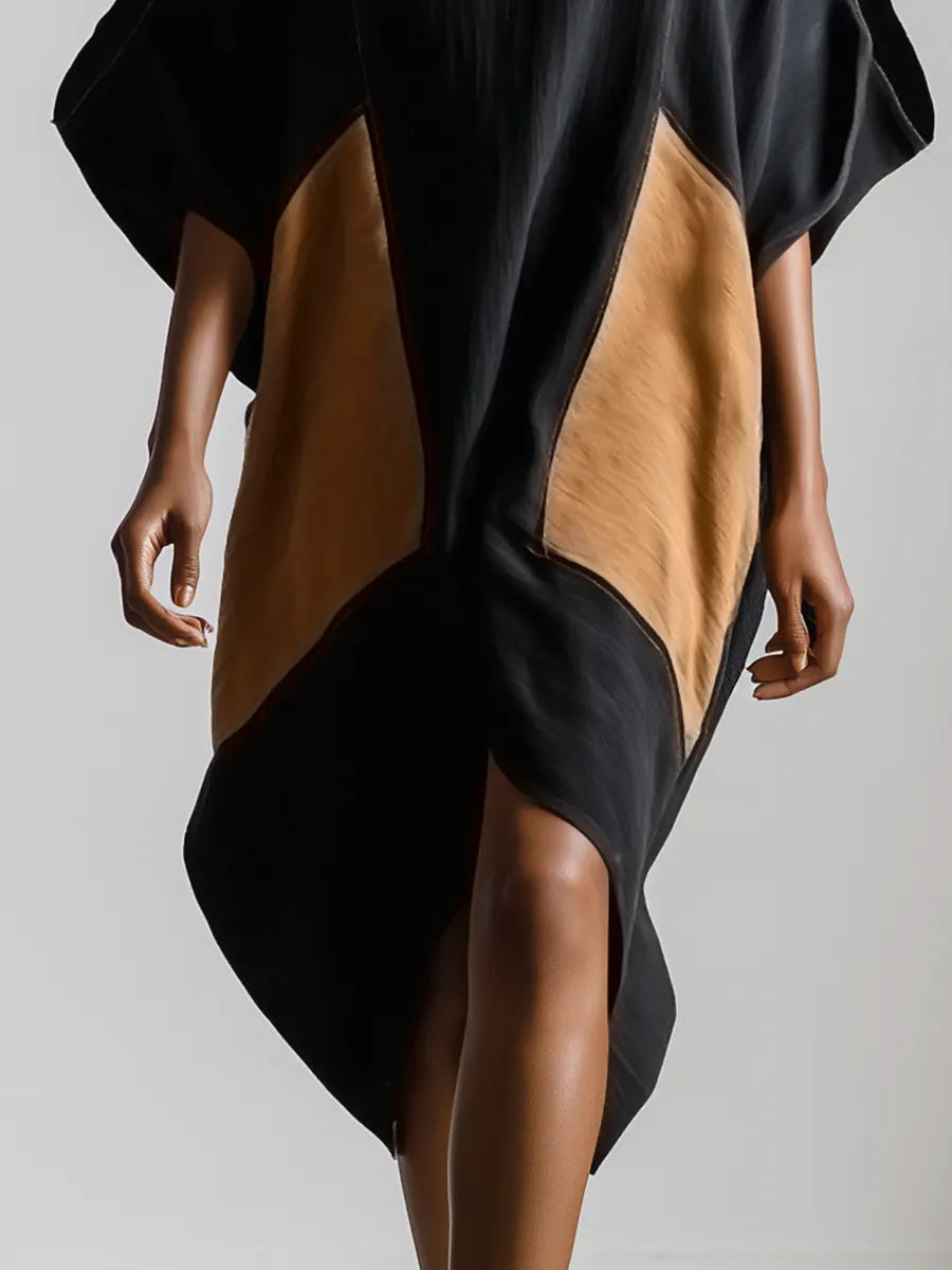 Women’s Black & Brown Cotton-linen Blend Geometric Color Block Cold Shoulder V Neck Batwing Sleeve Midi Dress MDZ0710G5YZJ