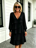 Deep V-Neck Long-sleeved Fashion Cake Skirt Women's Temperament Loose and Thin Round Neck Dress Women