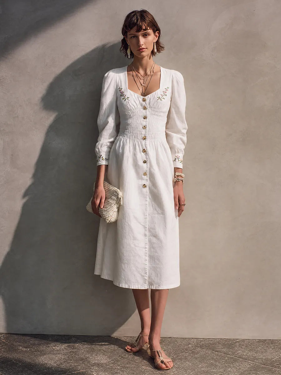 Women's French Cottage Style Off White Cotton Blend Square Neck Smocked Long Sleeve Floral Embroidery Midi Dress MDZ0156G8GMJ