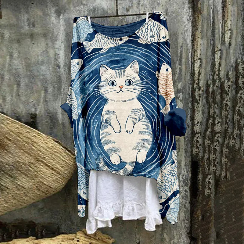 Lovely Cat & Fishes Pattern Linen Blend Flowy Tunic