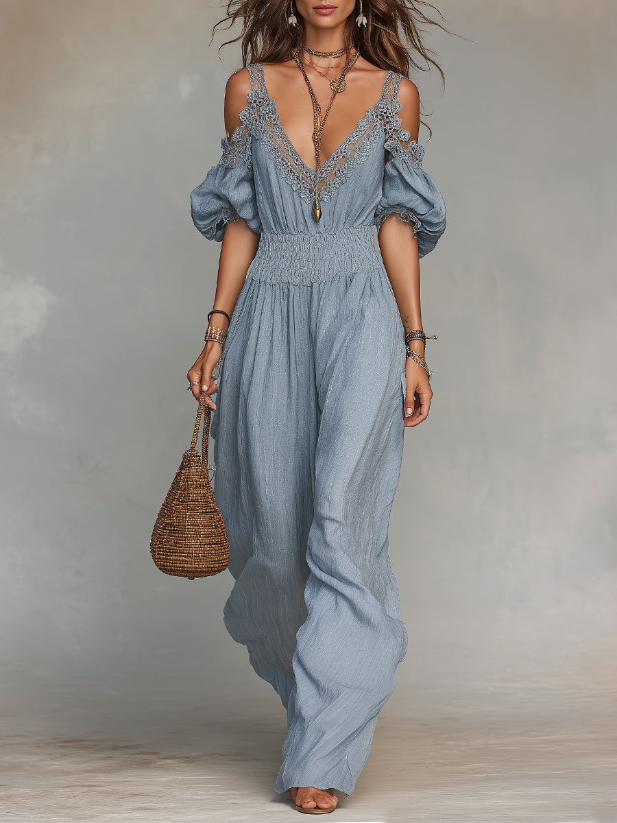 Boho Lace-Trimmed Off-Shoulder Wide-Leg Jumpsuit