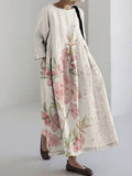 Pink Floral Japanese Watercolor Art Linen Maxi Dress
