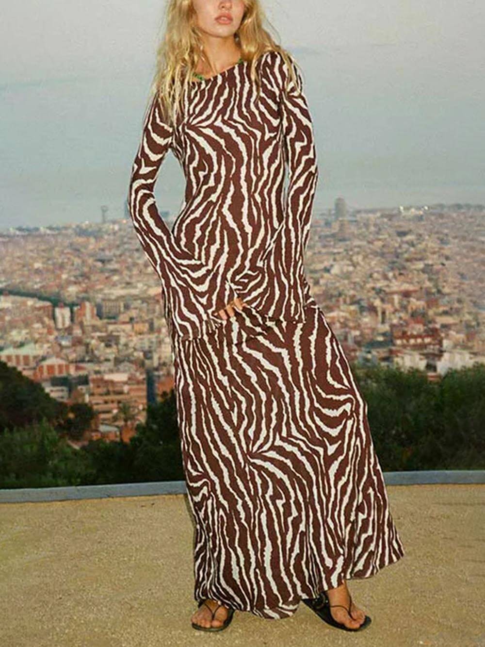 Unique Print Boat Neck Long Bell Sleeve Bias Cut Maxi Dress