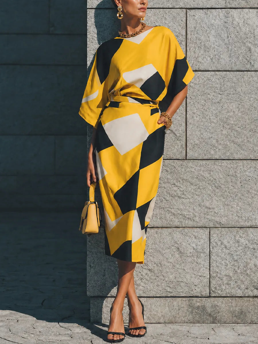 Women's Luxury Retro Yellow Black Geometric Print Cotton Blend Waist Tie Split Midi Skirt Two Piece Set MDZ0913G2GMJ