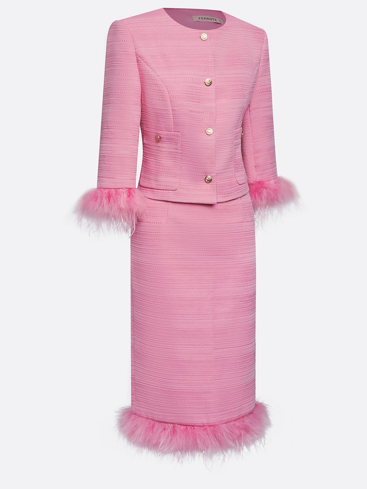 Women Tweed Rose Red Feather-trimmed Buckle Crew Neck Three Quarter Sleeve Dressy Coat With Skirt Two-Piece Set