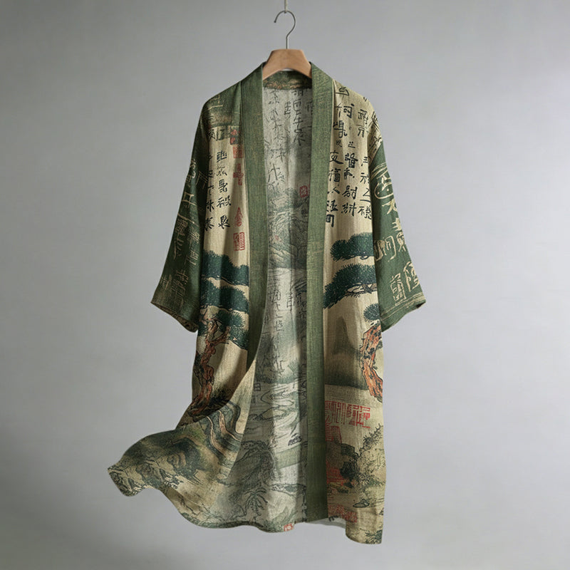 Japanese Pine Tree And Calligraphy Art Pattern Linen Blend Long Kimono