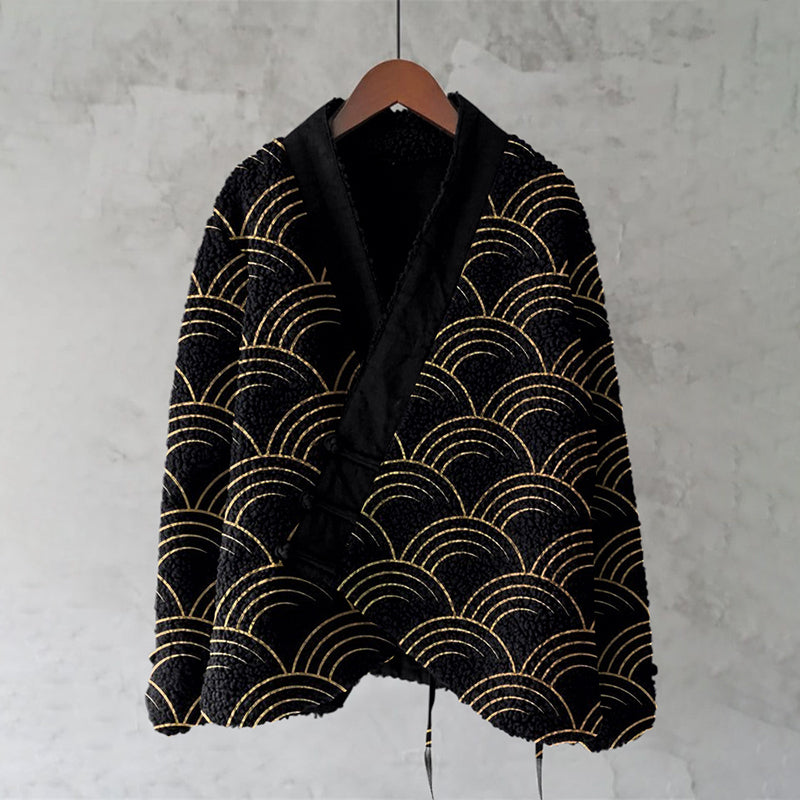 Japanese Style Black Gold Wave Pattern Comfortable Kimono