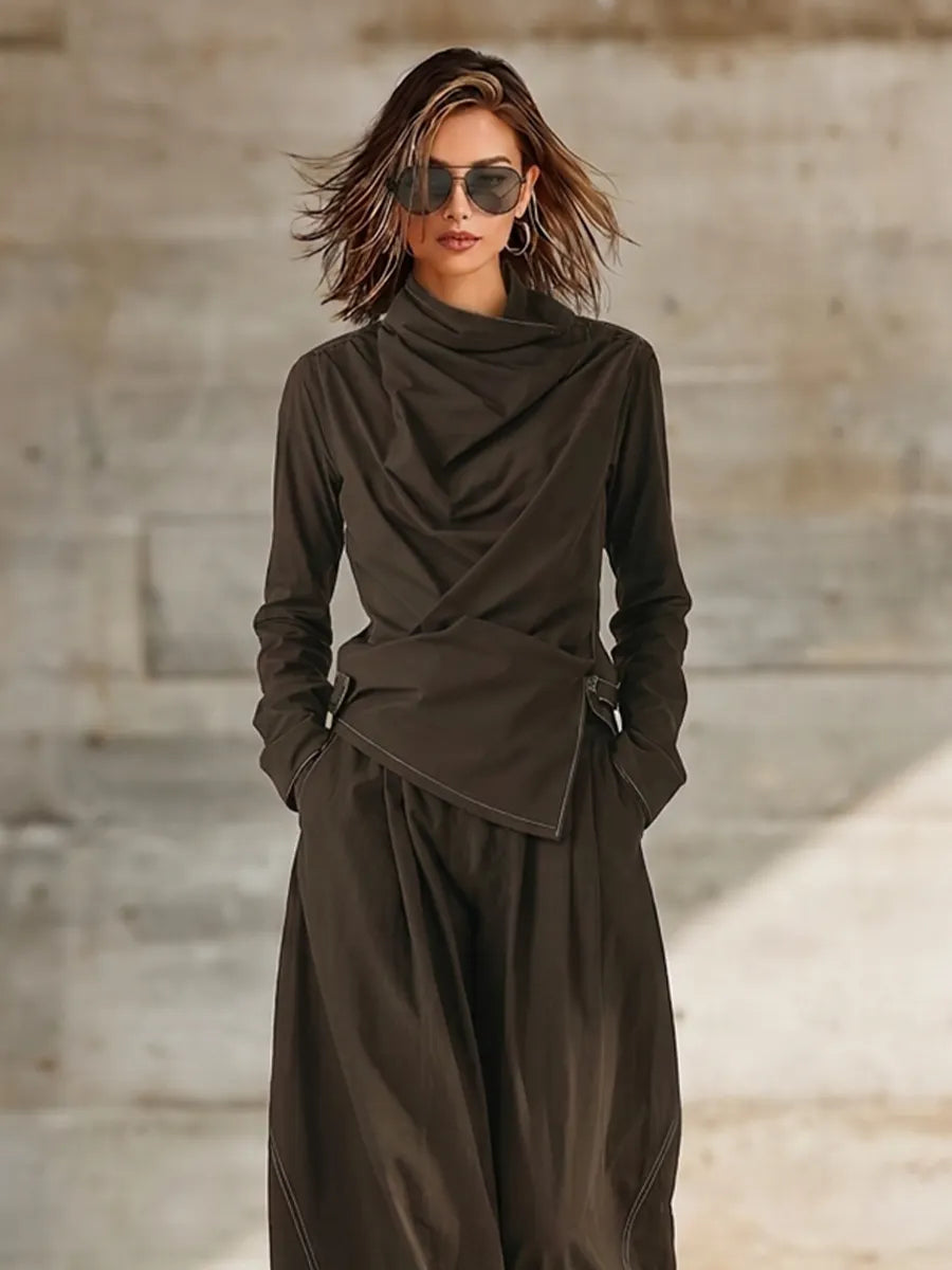 Women's Dark Brown Cotton Blend Two Piece Matching Set With Draped Cowl Wrap Top & Contrast Stitch Wide Leg Trousers, Avant-Garde Minimalist Streetwear Outfit MDZ2036G0LYL