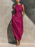 Women’s Fuchsia Linen Sleeveless Boat Neck Cross Asymmetric Hem Midi Dress With Side Pockets MDZ2967F5T