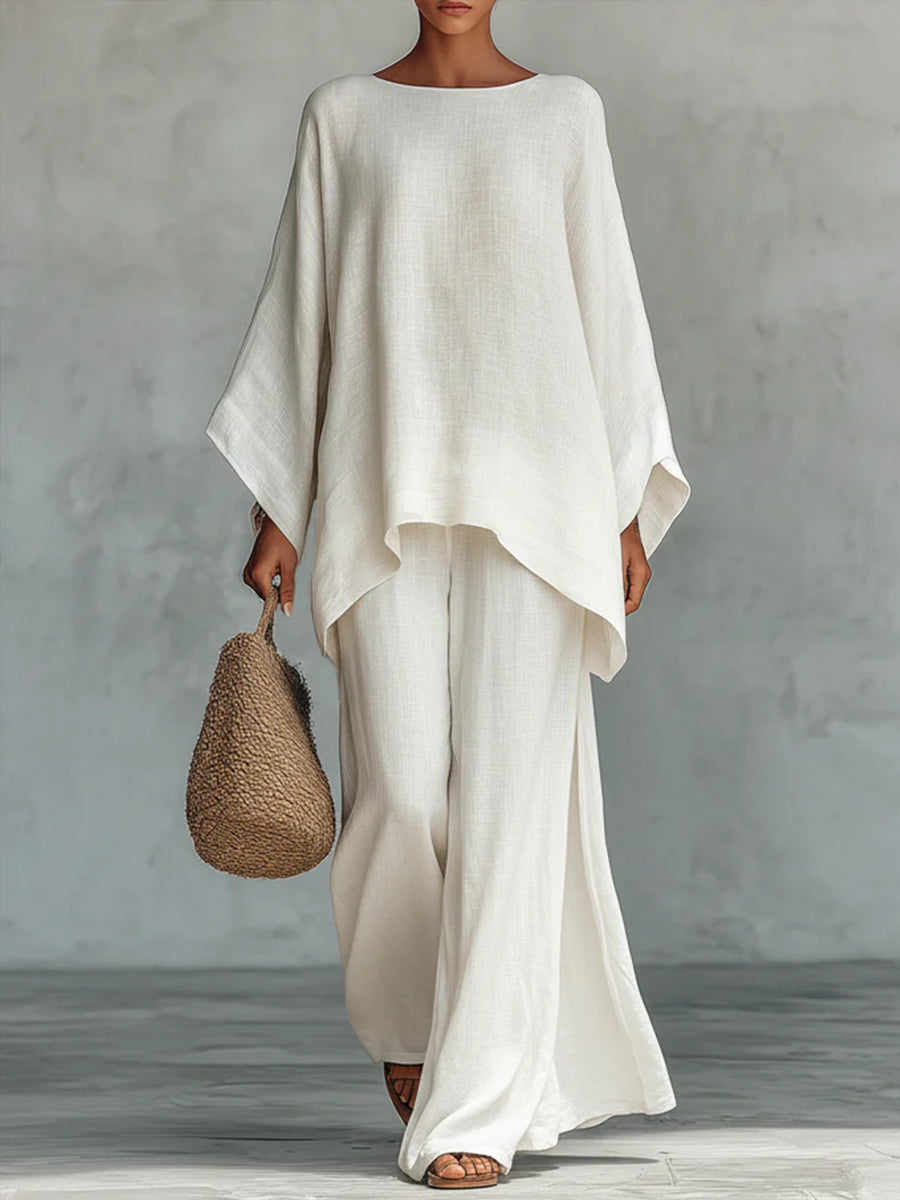 Daily White Round Neck Long Sleeve Wide Leg Casual Asymmetric Hem Two Piece Pant Sets