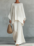 Daily White Round Neck Long Sleeve Wide Leg Casual Asymmetric Hem Two Piece Pant Sets