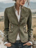 Retro Stand-up Collar Floral Embroidery Contrast Trim Jacket