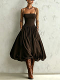 Chocolate Brown Square Neck Balloon Hem Midi Dress
