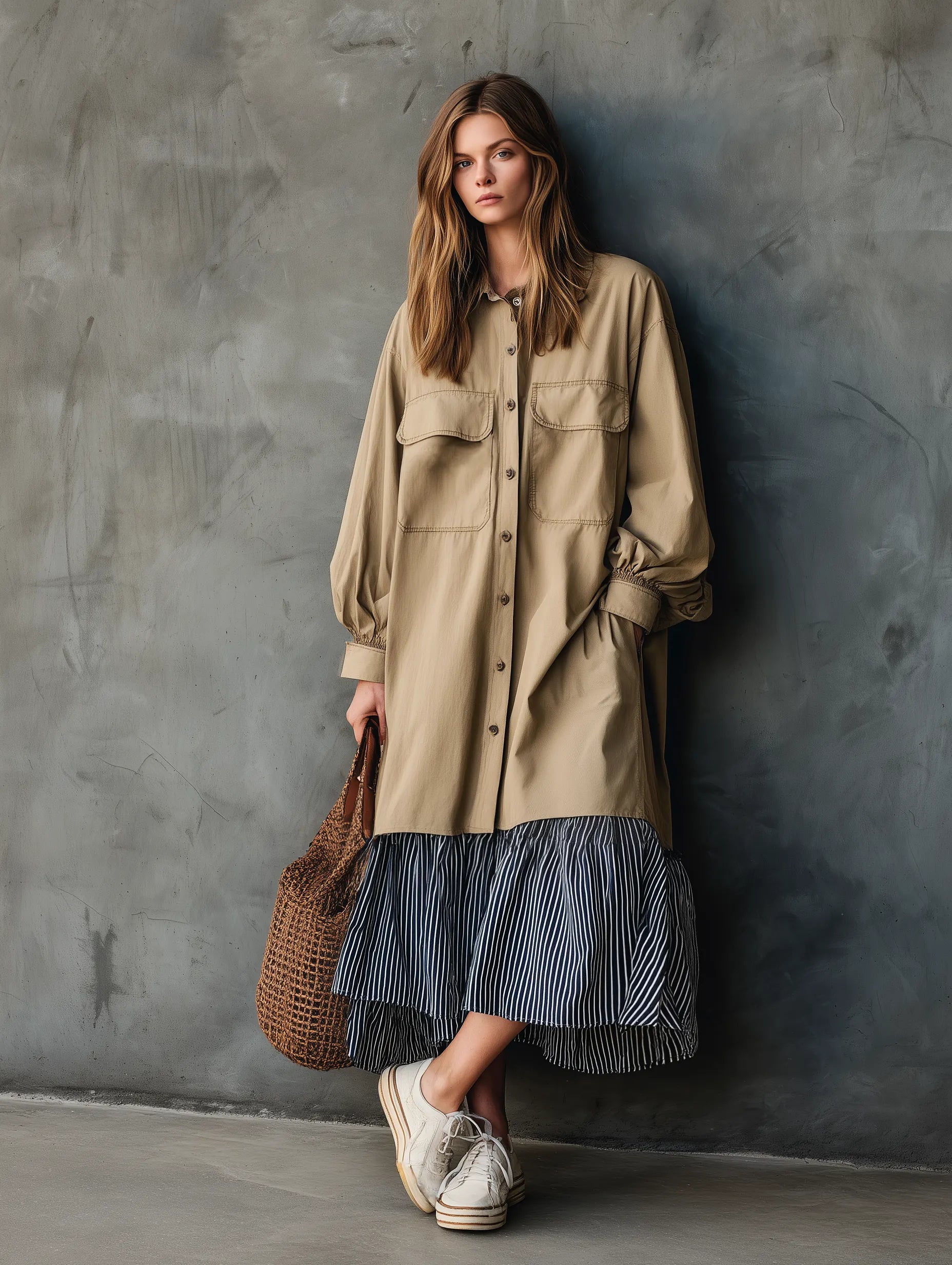 Women's Casual Khaki Woven Long-sleeve Maxi Dress With Striped Paneling MDZ2164G6LXY