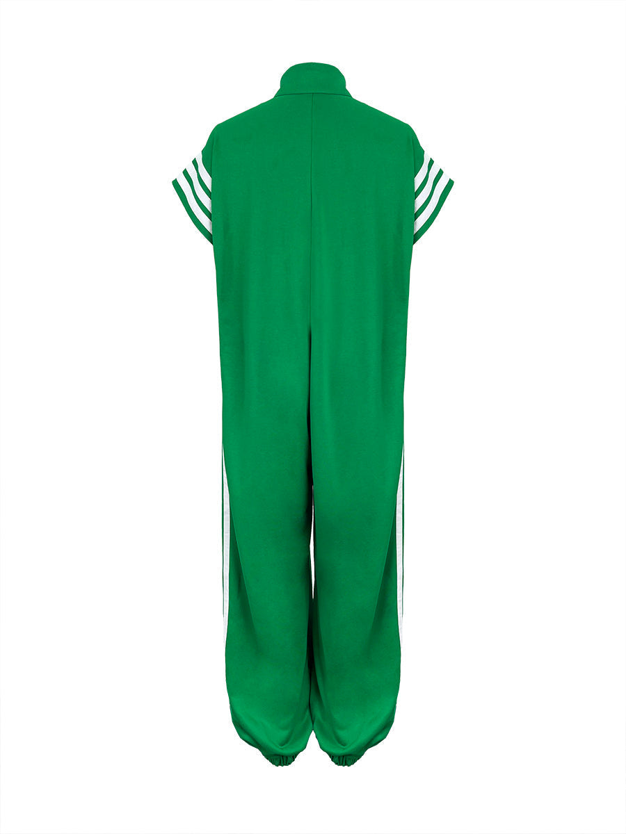 Loose Plus Size Contrast Color Pockets Split-Joint Striped Zipper Stand Collar Jumpsuits Ninth Pants