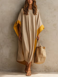 Women's Casual Khaki Cotton-linen Maxi Dress With A Round Neck And Batwing Sleeves MDZ0647G5LXY