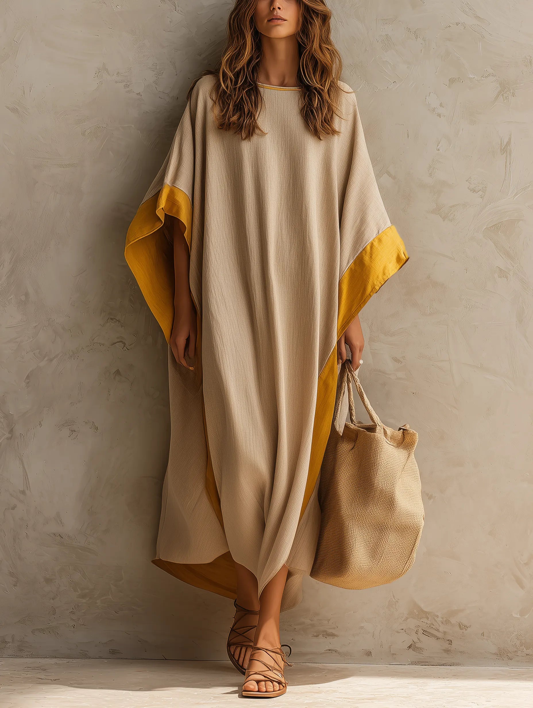 Women's Casual Khaki Cotton-linen Maxi Dress With A Round Neck And Batwing Sleeves MDZ0647G5LXY