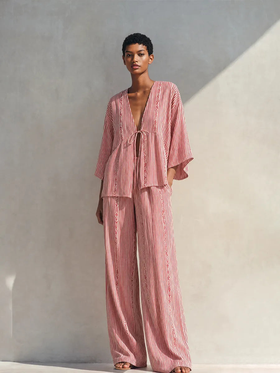 Women's Bohemian Red And White Striped Viscose Blend V-Neck Tie Front Kimono Sleeve Top And Wide-Leg Pants Two-Piece Set MDZ1490G4ZSQ
