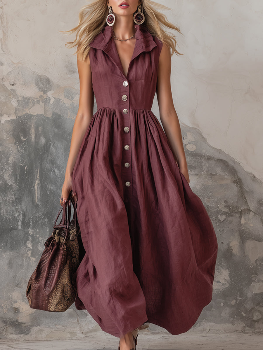 Women's Minimalist Casual Collared Button Cotton Linen Dress