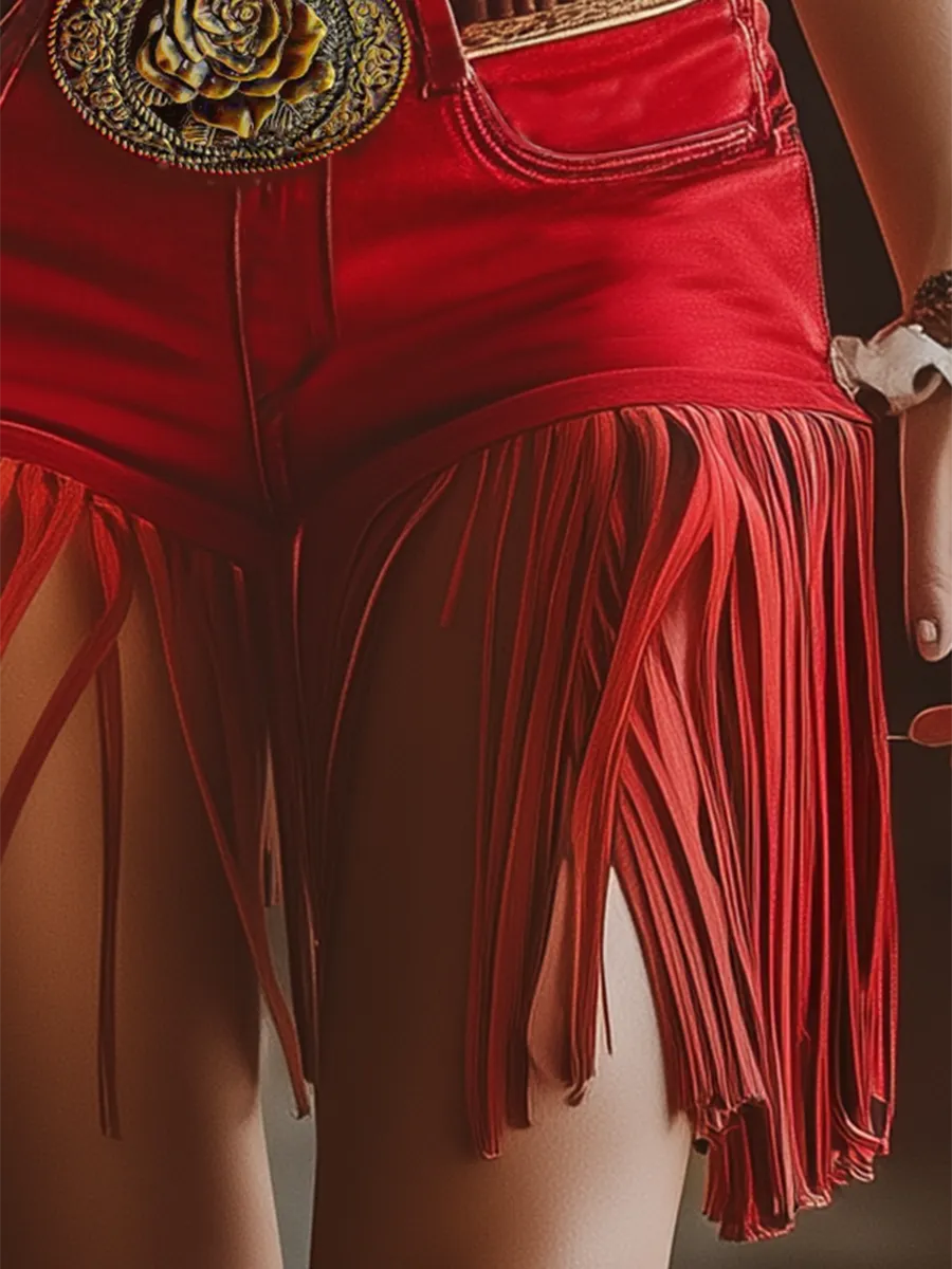 【24-hour shipping out】Western Vintage Red Tassel Shorts