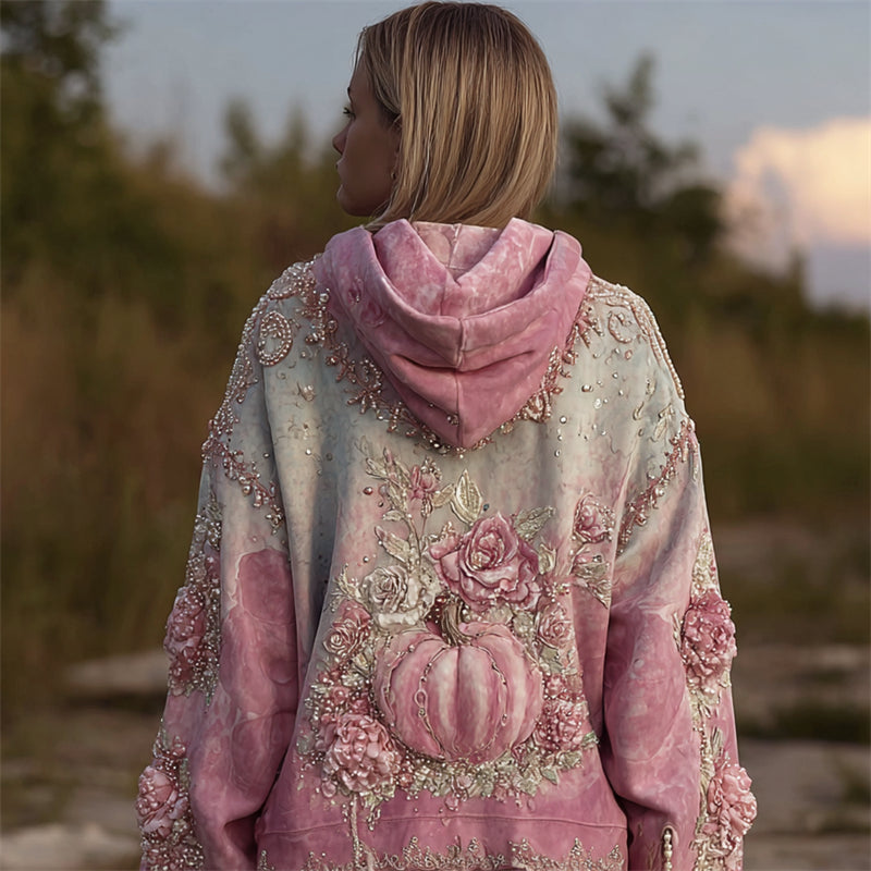 Thanksgiving Pink Pumpkin Floral Glitter Beaded Gradient Hoodie