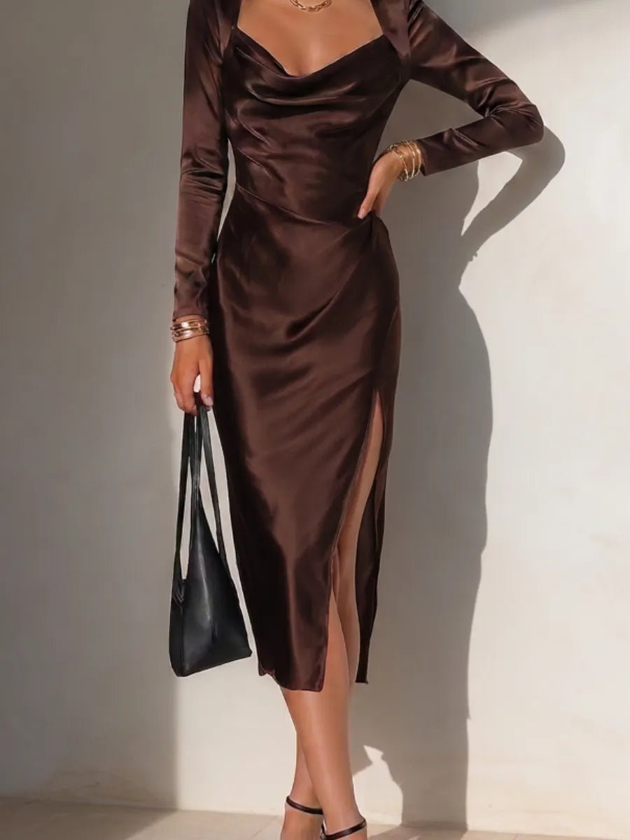 Women's Elegant Chocolate Brown Satin Cowl Neck Long Sleeve High Slit Bodycon Midi Dress MDZ0366G6O