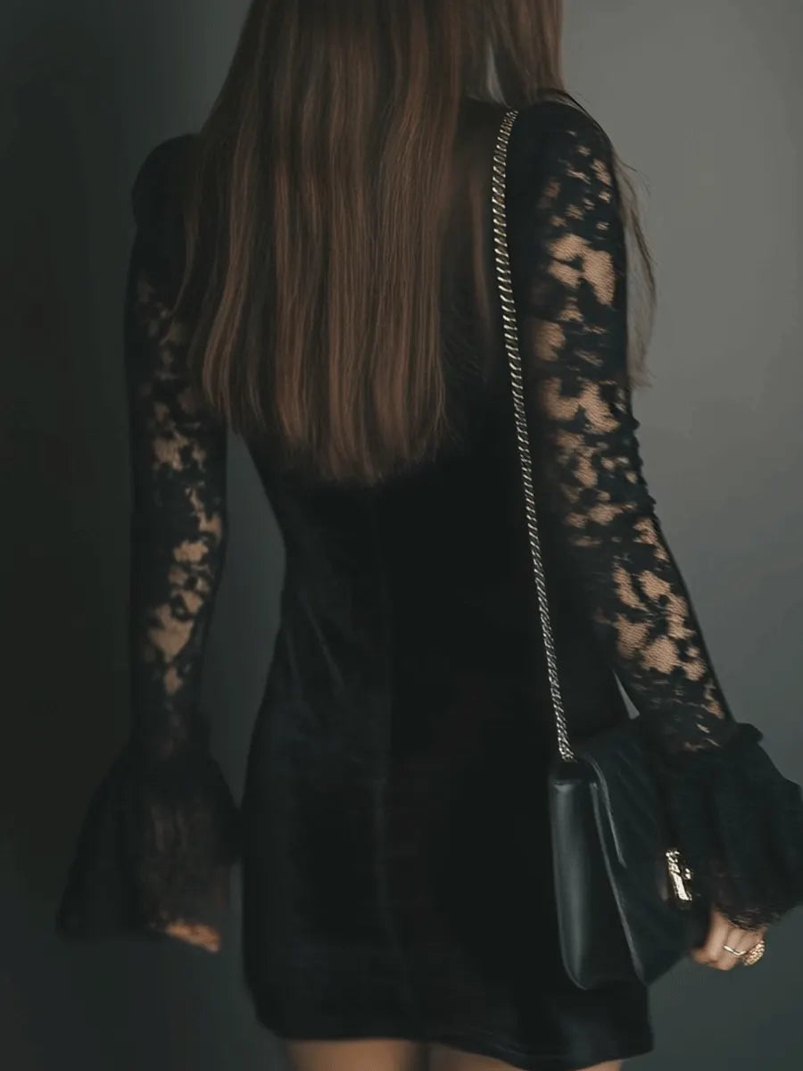 Romance Midnight Velvet Lace Bell-Sleeve Mini Dress
