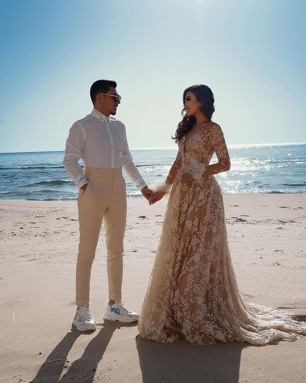 Daisda Luxury Long A-line Train Wedding Dress With Lace