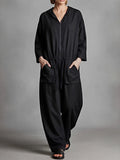 Women's Black Linen Blend Jumpsuit With Hood Full Zip Front & Drawstring Waist, Minimalist Loungewear Oversized Wide Leg Jumpsuit MDZ0710G3LYL