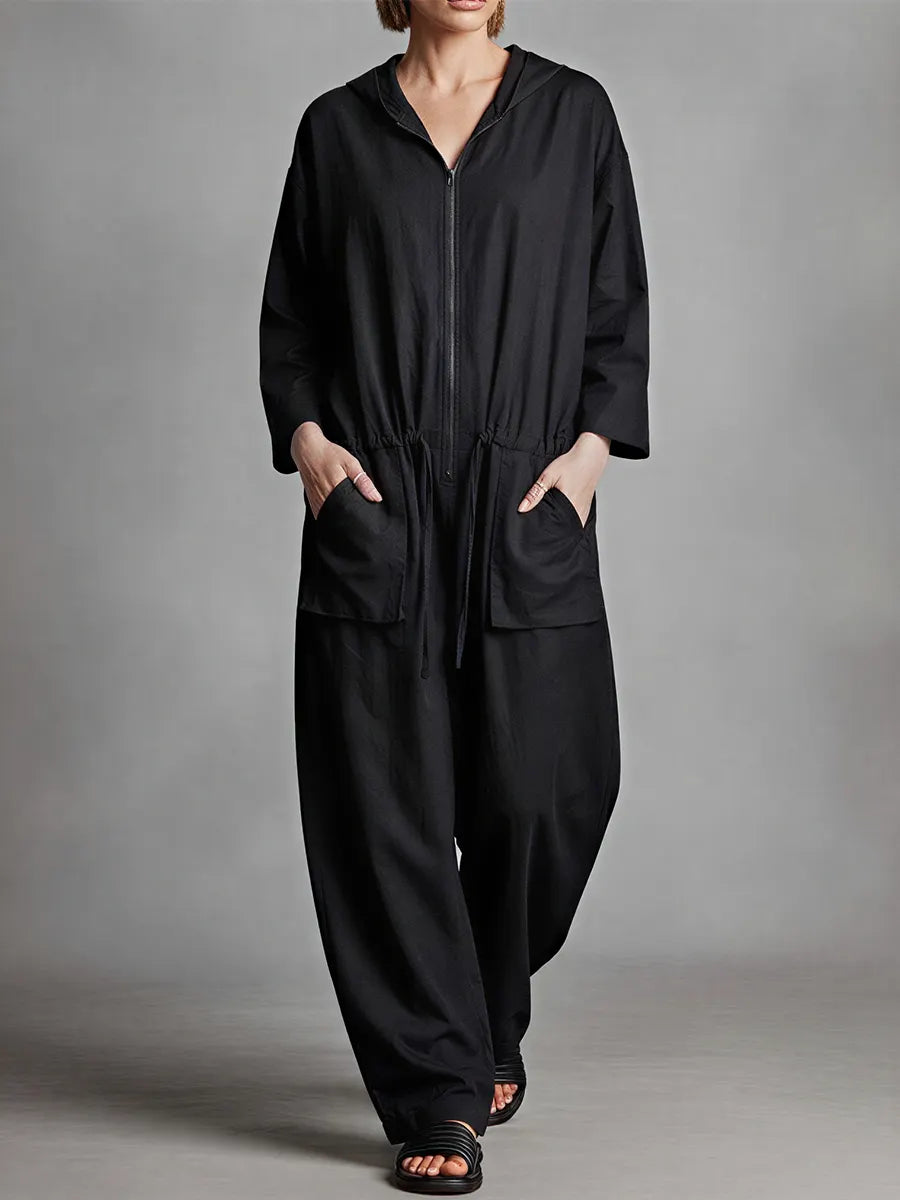 Women's Black Linen Blend Jumpsuit With Hood Full Zip Front & Drawstring Waist, Minimalist Loungewear Oversized Wide Leg Jumpsuit MDZ0710G3LYL