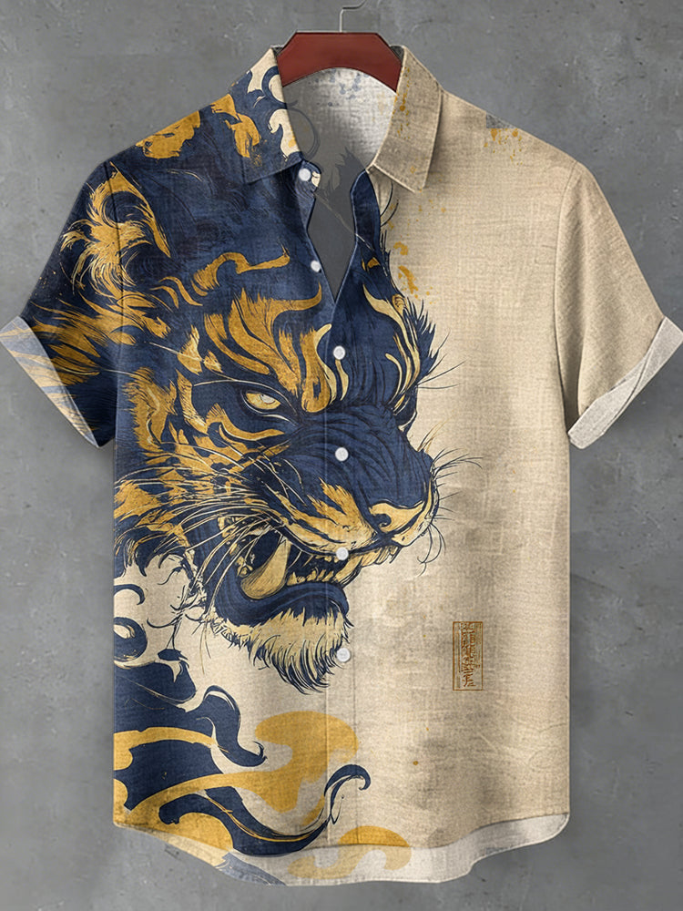 Men's Vintage Tiger Print Short Sleeve Shirt