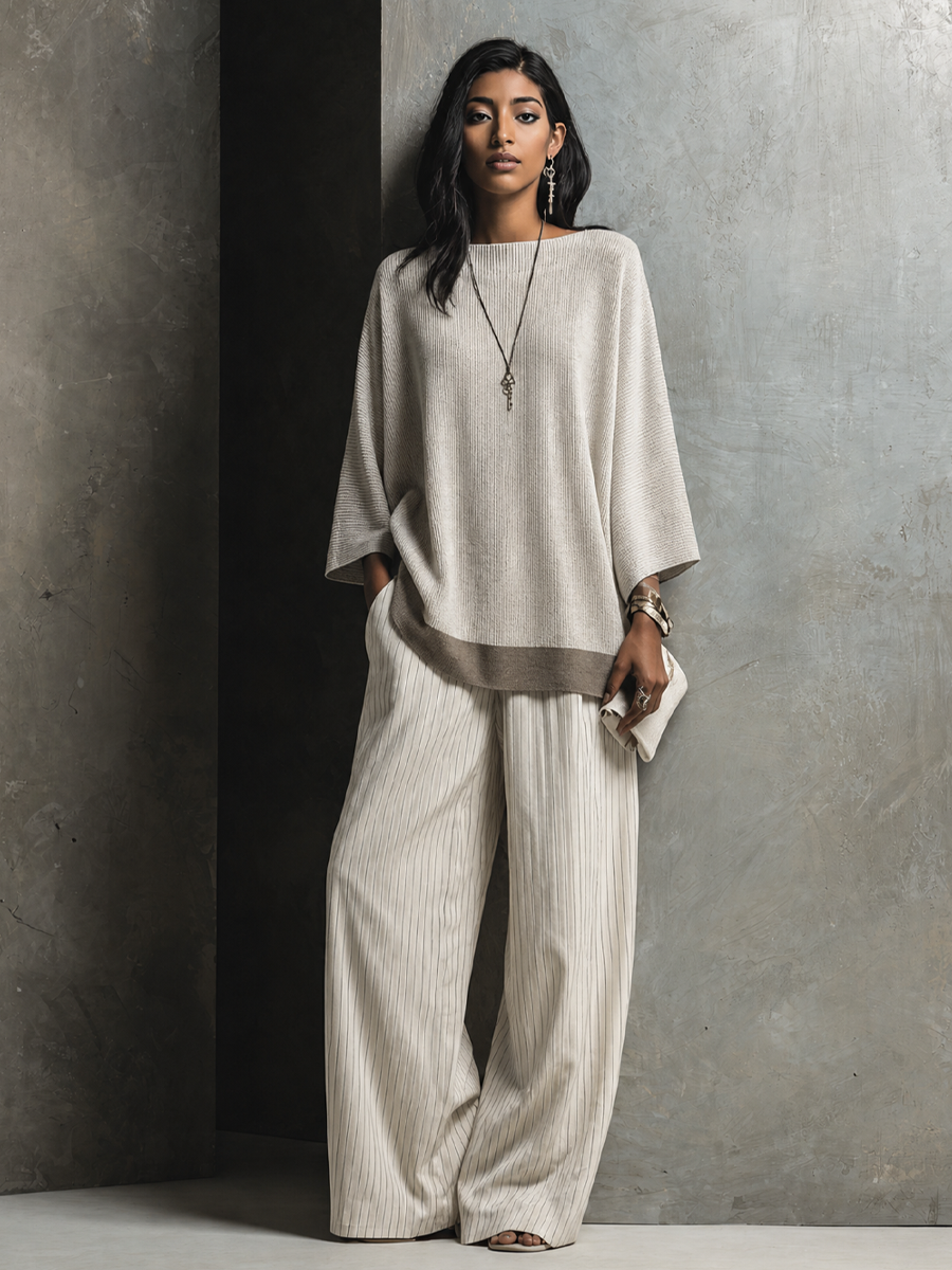 Women's Minimalist Ivory Knit Cotton Blend Ribbed Top Pinstripe Wide-Leg Pants Set MDZ2482G2GMJ