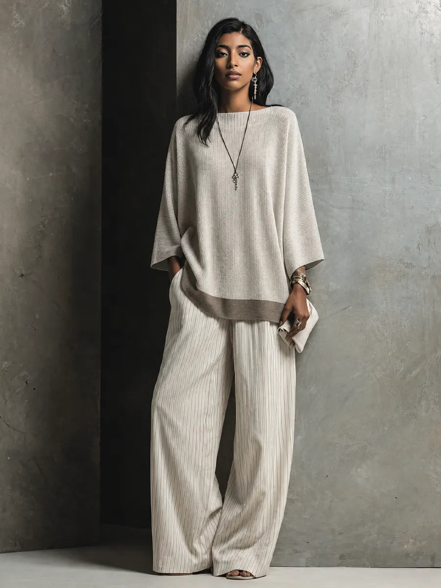 Women's Elegant Ivory Cotton Blend Pinstripe Wide-Leg Full-Length Pants MDZ2455G1GMJ