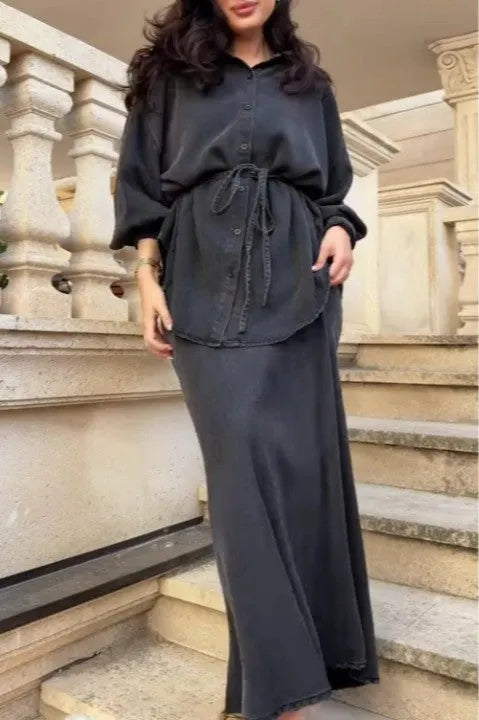 Long-sleeved Tie-Drawstring Shirt and Skirt Set