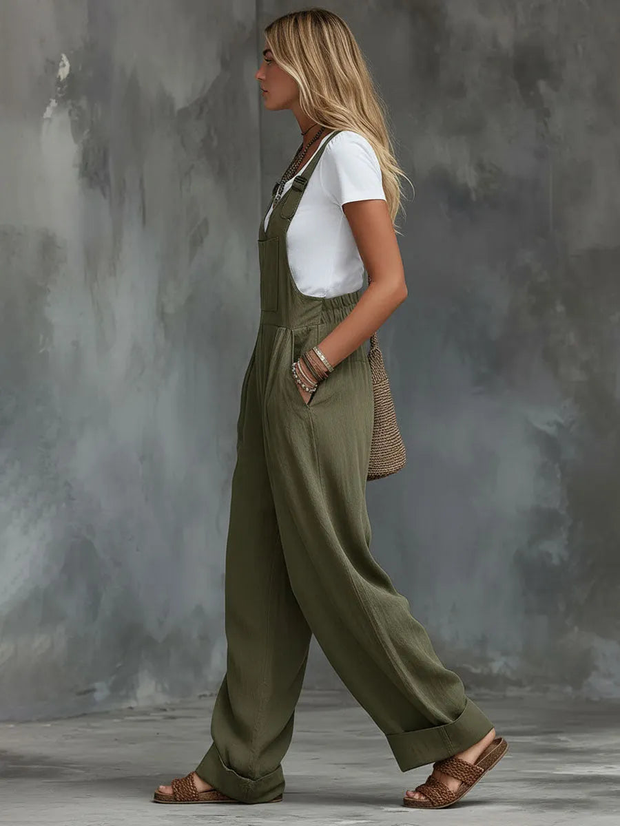 Army Green Adjustable Cotton And Linen Wide-leg Overalls