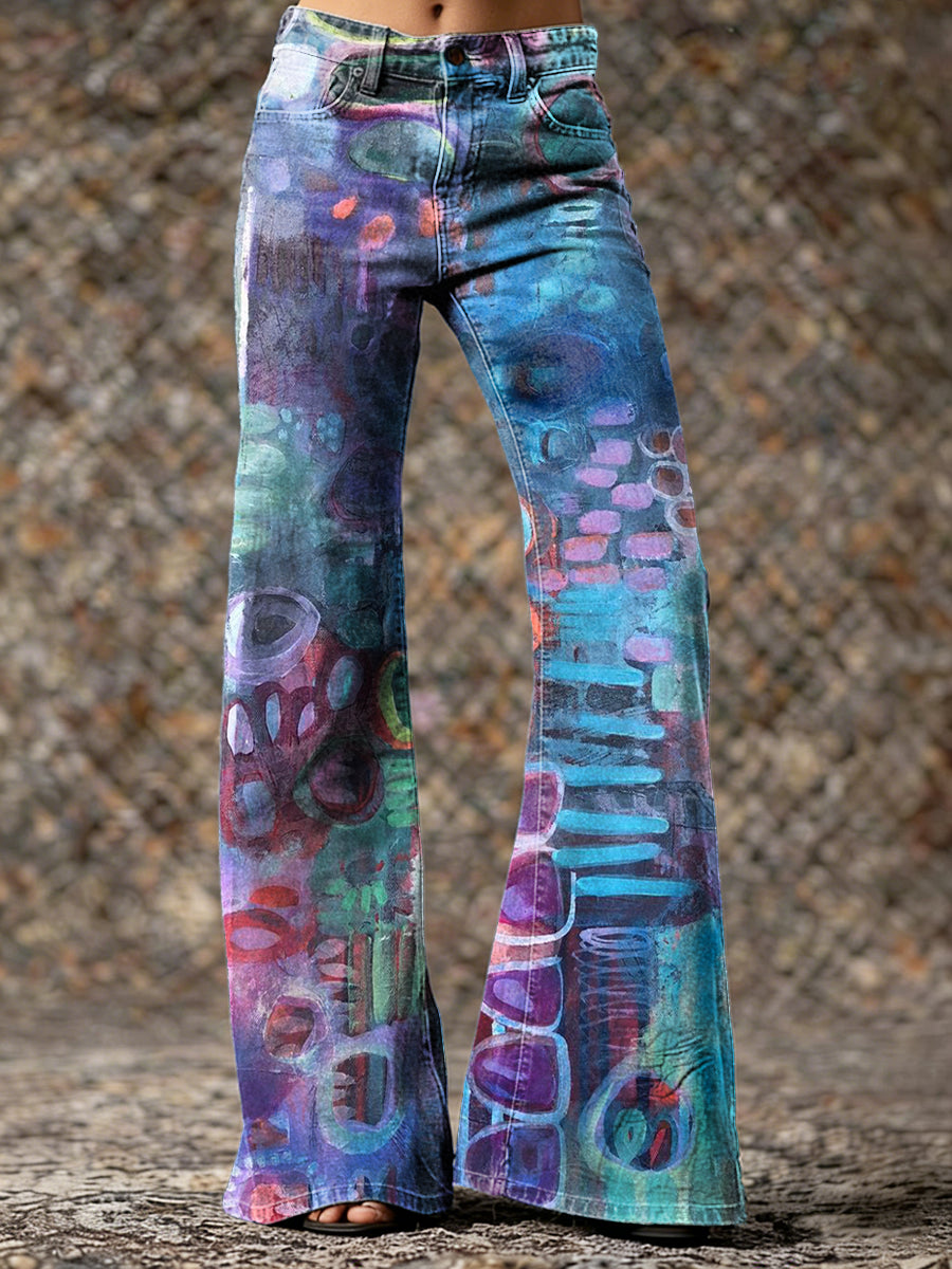 Women's Retro Colorful Art Print Casual Washed Pants