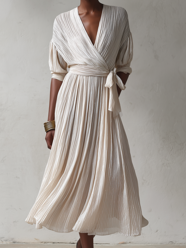 Women's Elegant Ivory Pleated Wrap V-Neck Tie Waist Batwing Sleeve Pleated Midi Dress MDZ1370G0ZSQ