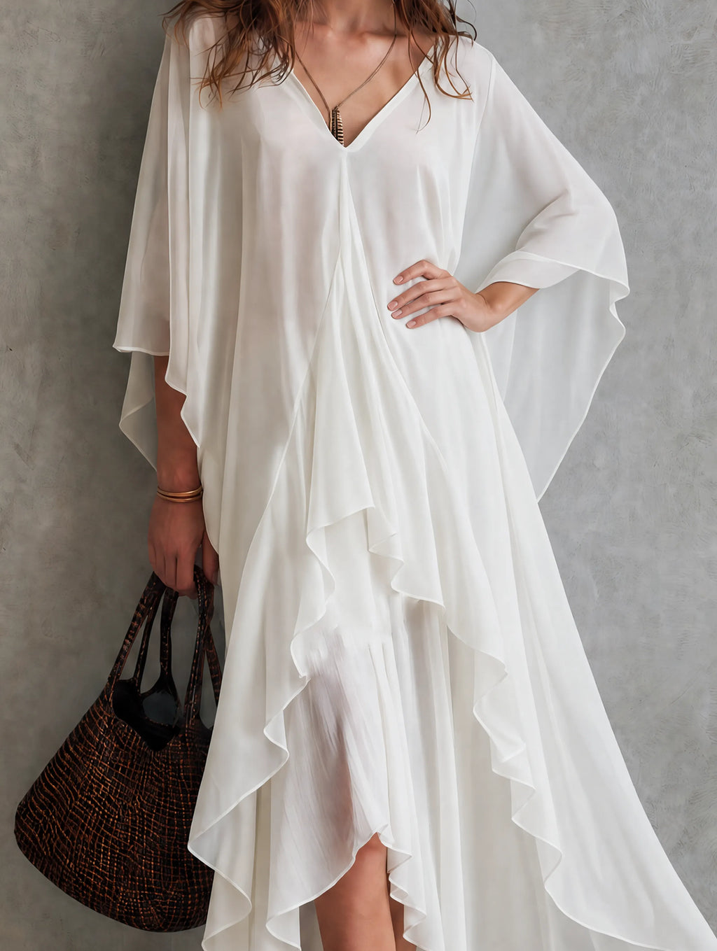 Women's Casual White Chiffon Maxi Dress With V-neck And Batwing Sleeves MDZ1728G4LXY