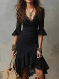 Ruffle Cuffs Flare Skirt Lace Midi Dress