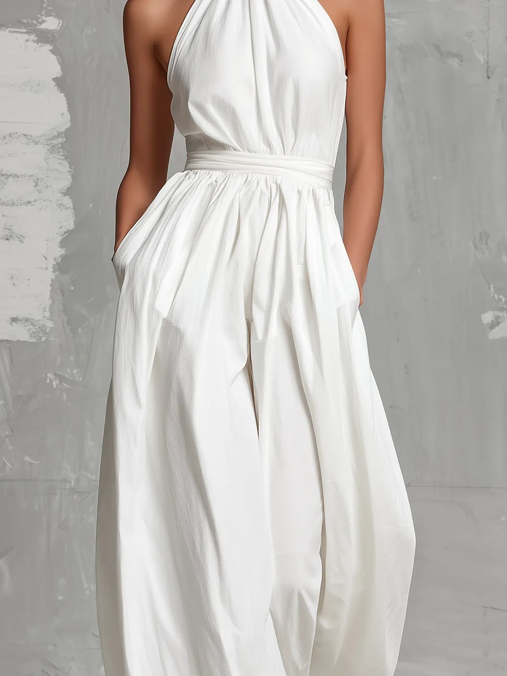 Women's Elegant White Woven Sleeveless Halter-neck Jumpsuit MDZ0554A3AN
